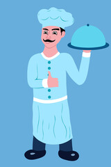 Vector chef in cap with dish in hand drawn in strokes