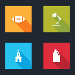 Set American Football ball, Table lamp, Church building and Household chemicals bottle icon. Vector.