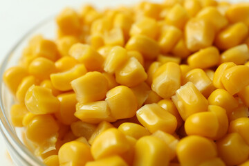Bowl with tasty canned corn, close up