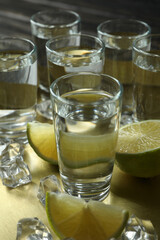 Tray with shots, lime slices and ice cubes, close up