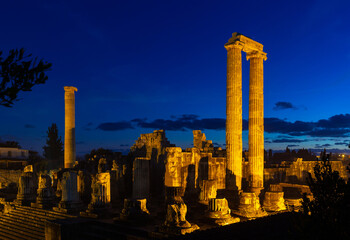 Scenic night view of lighted ruins of Apollo Temple, ancient Greek sanctuary, Turkey