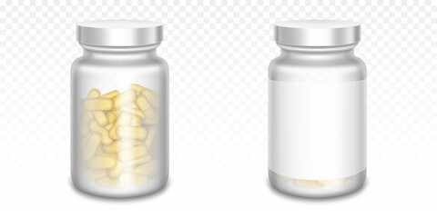 Medicine bottles with yellow pills isolated on transparent background. Vector realistic mockup of glass or plastic transparent container with blank label and lid. 3d jars with medical drugs