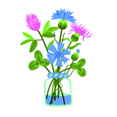 A bouquet of wildflowers in a bank. Vector illustration for mother's day and father's day greeting card, stickers, poster