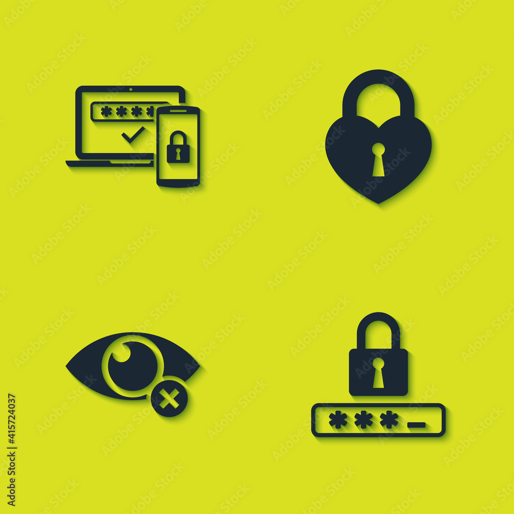 Poster set two steps authentication, password protection, invisible hide and castle in shape of heart icon.