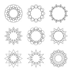Vector set of circular banners with thin intersecting lines. Circle frame in the form of snowflakes and stars