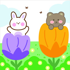 Fototapeta premium Cartoon cute bunny bear square decorative painting vector design illustration