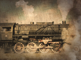 Plakat old locomotive with steam.