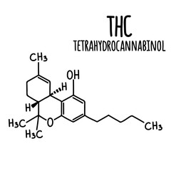 Molecular structural chemical formula of cannabinol tetrahydrocannabinol. Vector hand drawn illustration.