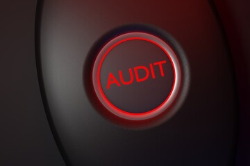 Word audit written on futuistic buttion over black background. 3D illustration.