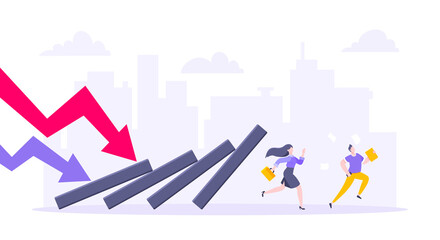 Domino effect or business resilience metaphor vector illustration concept. Adult young business people run away from falling domino line business concept problem solving danger domino chain reaction.