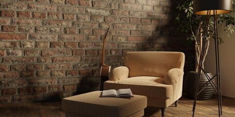 Living Room interior with velvet armchair and lamp and book. 3D rendering