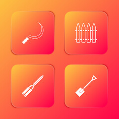Set Sickle, Garden fence, Gardening handmade scissor and shovel icon. Vector.