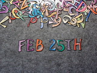 Feb 25th Hand-drawn keyword colorful puzzle with grey furry background projection view top view