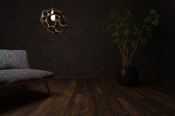 Empty modern interior with wooden floor and concrete wall, 3D rendering