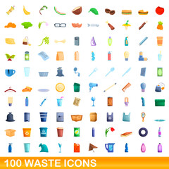Fototapeta na wymiar 100 waste icons set. Cartoon illustration of 100 waste icons vector set isolated on white background