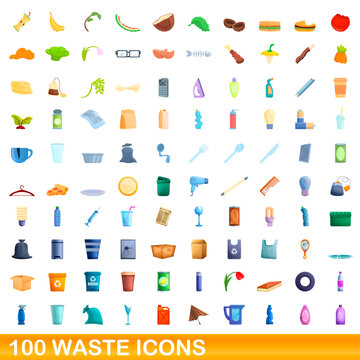 100 waste icons set. Cartoon illustration of 100 waste icons vector set isolated on white background
