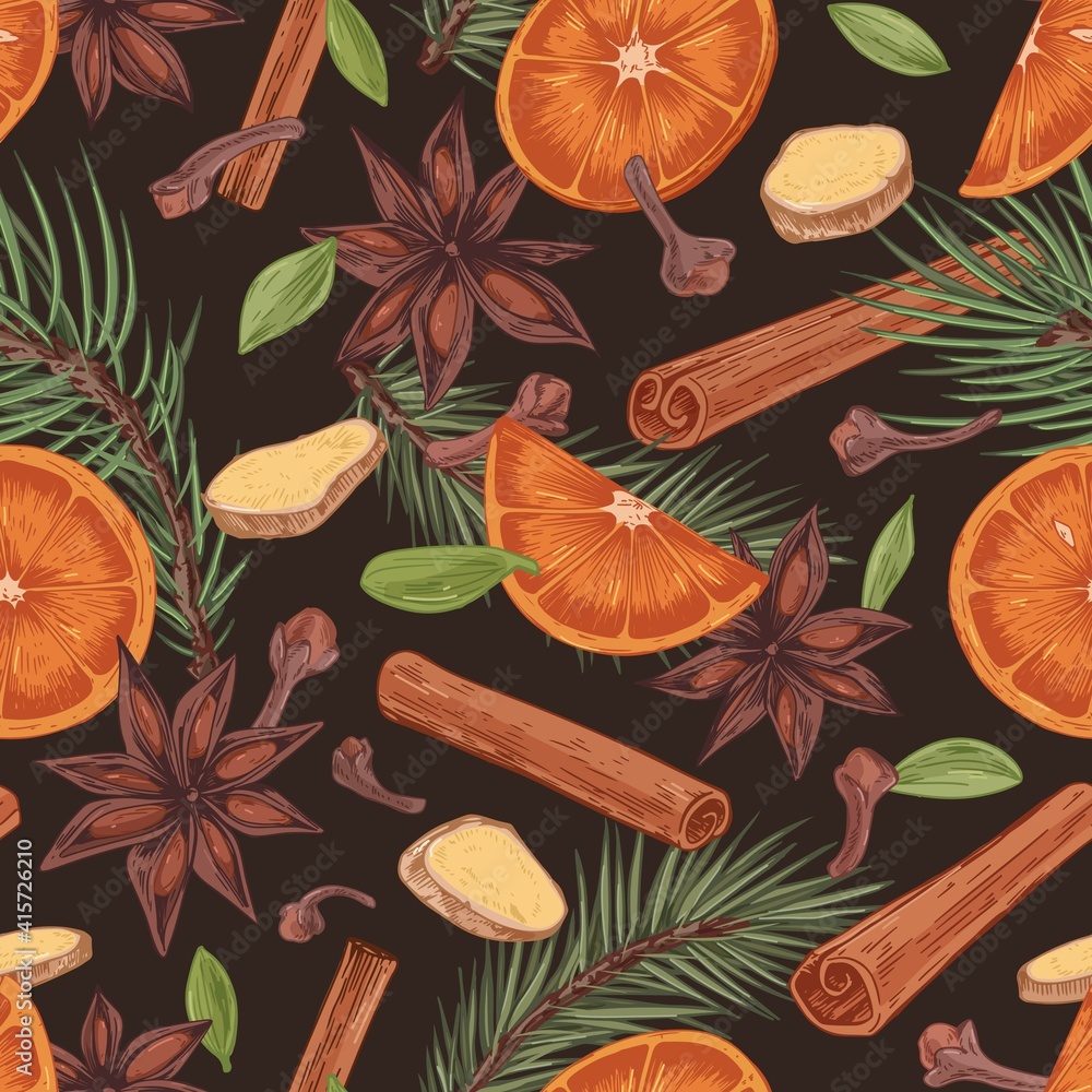 Poster Seamless pattern with winter Christmas spices on black background. Endless wrapping design with pine branches, cinnamon sticks, cardamon seeds, orange and ginger slices. Hand-drawn vector illustration