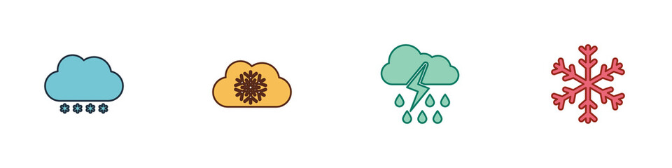 Set Cloud with snow, , rain and lightning and Snowflake icon. Vector.
