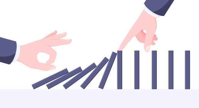 Domino effect business concept. One hand starts chain reaction of falling board game blocks of dominoes and another hand stops it flat style vector illustration.