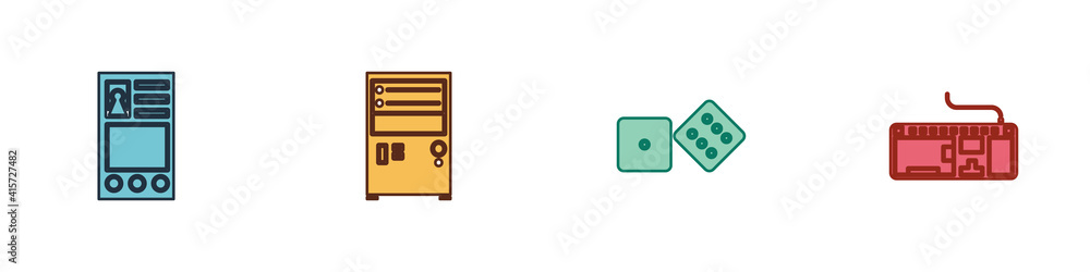 Poster set create account screen, computer, game dice and keyboard icon. vector.