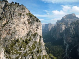 View from the Via Ferrata Sandro Pertini to the Stevia Mountains near Wolkenstein, dolomites, italy