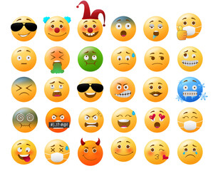 Smiley emoji vector set. Smileys yellow icon in funny, sick, dizzy and cold facial expressions isolated in white background for emoticon collection design. Vector illustration

