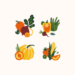 Organic papercut vegetables. Colored farm vegetables compositions. Pepper, pumpkin, tomato, corn, fennel, beet. 