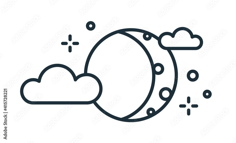 Aufkleber Simple weather icon of lunar eclipse. Half moon or waxing crescent with stars and clouds. Symbol of night time in line art style. Linear flat vector illustration isolated on white background