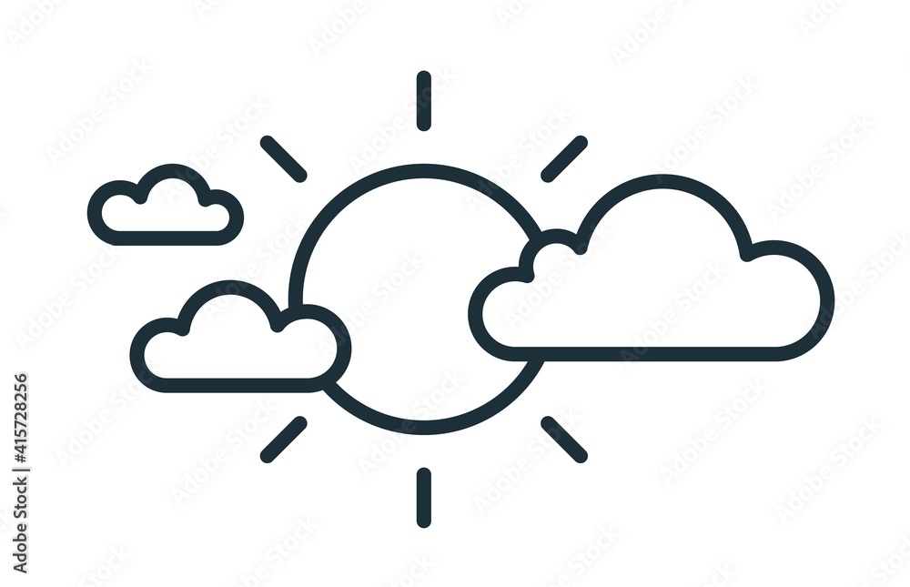 Poster Simple icon in line art style with sun and clouds. Partly sunny weather forecast. Linear flat vector illustration isolated on white background