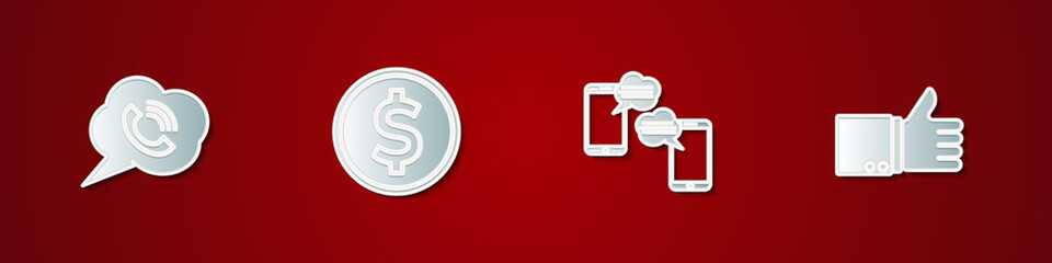 Set Speech bubble with phone call, Coin money dollar, Chat messages mobile and Hand thumb up icon. Vector.