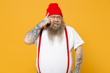 Fat pudge obese chubby overweight tattooed blue-eyed bearded thoughtful pensive man 30s has big...