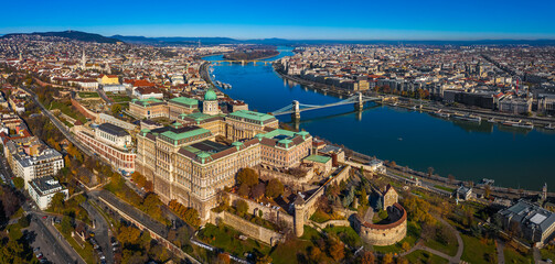 Budapest, Hungary - Aerial panoramic skyline of Budapest. Buda Castle Royal Palace, Szechenyi Chain...
