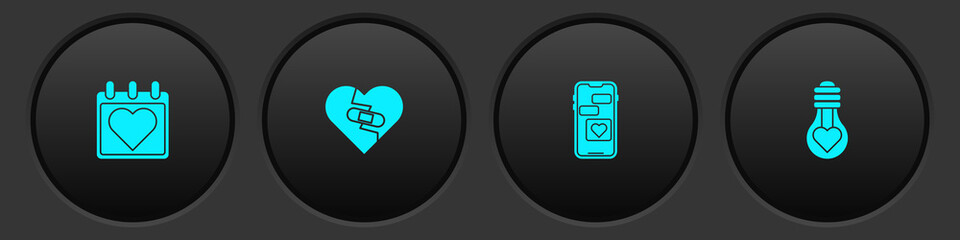Set Calendar with heart, Healed broken, Mobile and Heart shape in light bulb icon. Vector.