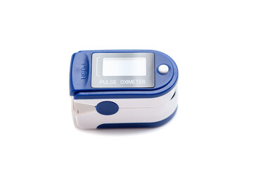 Portable blue Pulse Oximeter on isolated white background with clipping path to monitor oxygen...