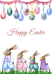 Watercolor hand drawn template of Easter greeting card with cute bunny  family walking on green grass and festive garland with colorful eggs hanging on ribbons. Cozy card with fairytale illustration.