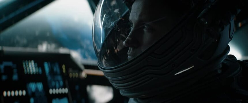 Portrait of Caucasian male astronaut inside spaceship cockpit. Sci-fi space exploration concept. Shot with 2x Anamorphic lens