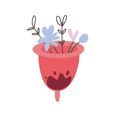 Vector hand-drawn illustration of a menstrual cup. Cartoon periodical hygiene product. Floral elements. The concept of women's health and healthcare. Feminine design.