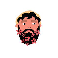 Cartoon guy with a beard and pink flowers. Bearded hipster with blooming plants. Spring flowers. Vector hand-drawn illustration on an isolated white background. Cute graphic design.