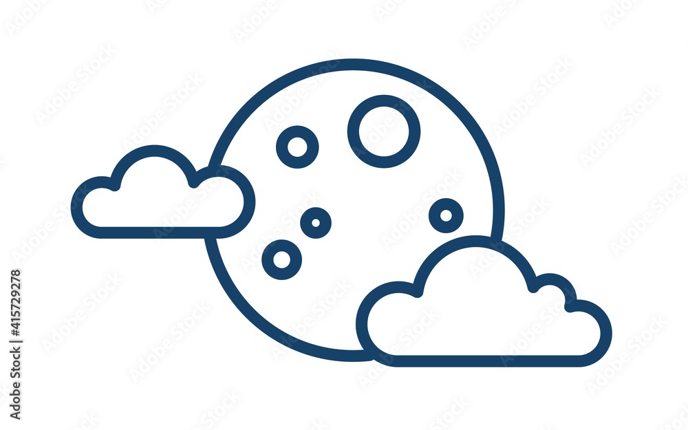Aufkleber Simple weather icon with full moon with clouds. Symbol of cloudy night in line art style. Linear flat vector illustration isolated on white background