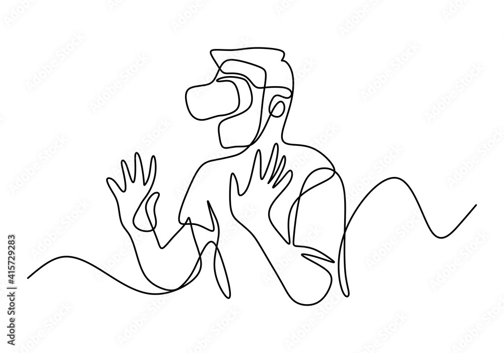 Poster man in glasses device virtual reality continuous one line drawing. a guy pretending to touch button 