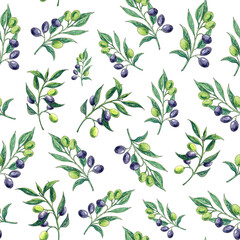 Seamless pattern from olive branches. Summer neutral background. Watercolor sketch