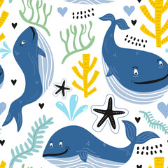 Seamless pattern with cute swimming whales. Undersea animals. Creative childish background. Perfect for kids apparel, fabric, textile, nursery decoration, wrapping paper.Vector Illustration