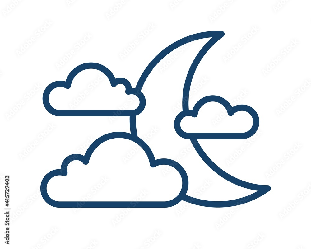 Poster Simple weather icon with half moon or waning crescent with clouds. Symbol of cloudy night in line art style. Linear flat vector illustration isolated on white background