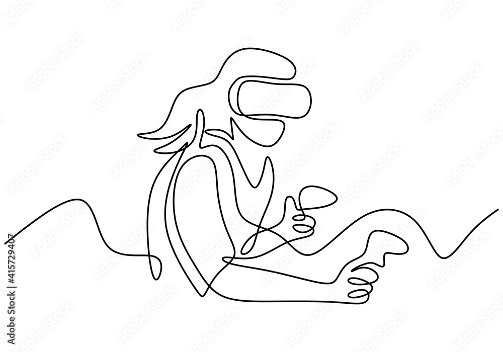 Poster girl using vr with single continuous one line art drawing. smart technology futuristic game player c