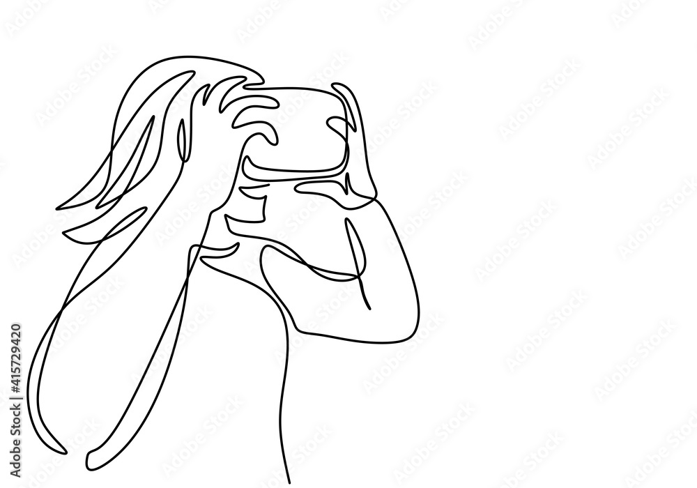 Poster girl using vr with single continuous one line art drawing. smart technology futuristic game player c