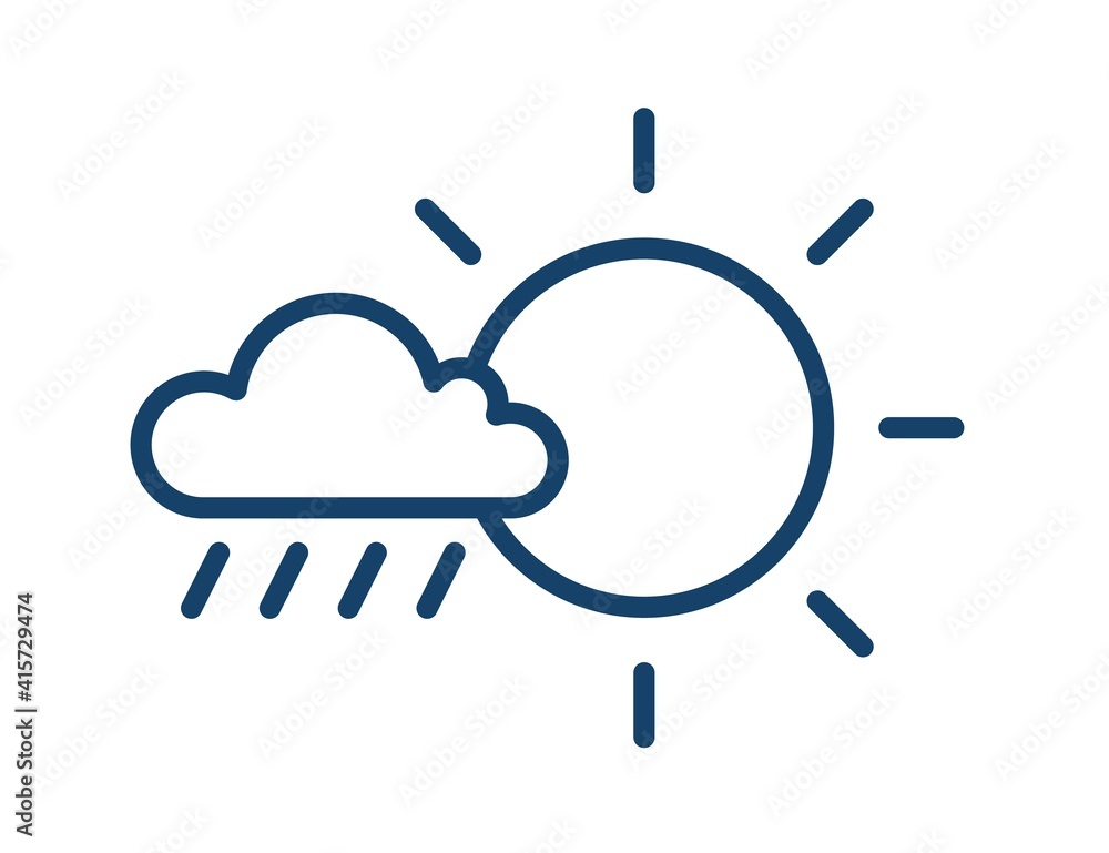 Poster rainy and sunny weather icon in line art style with sun and cloud with raindrops. partly sunny with 