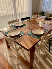 Empty and Clean Food Table at Home Ready to Serve Food with Afternoon Lights.