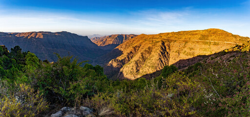 sunrise hills panorama of beautiful Semien or Simien Mountains National Park landscape in Northern Ethiopia near lalibela and Gondar. Africa wilderness