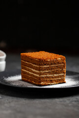 Piece of sweet tasty homemade honey cake with copy space.