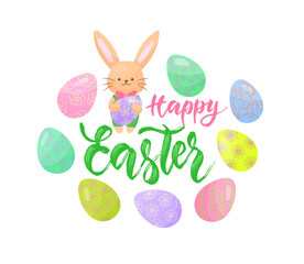 Happy Easter lettering decorated with color eggs and bunny. Vector isolated colorful illustration in flat style.
